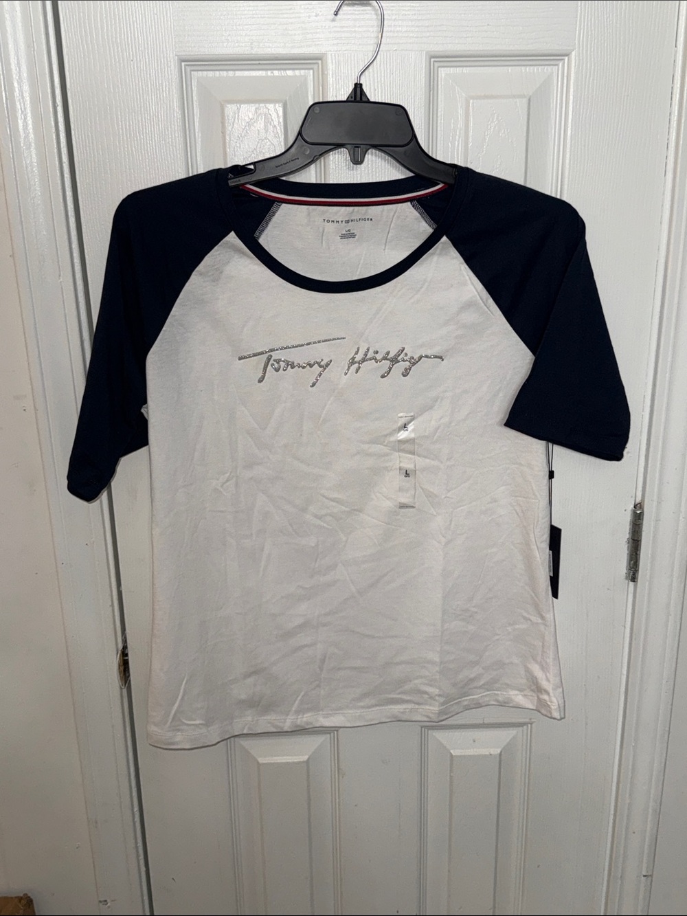 Tommy Hilfiger White Tee with Navy Raglan Sleeves